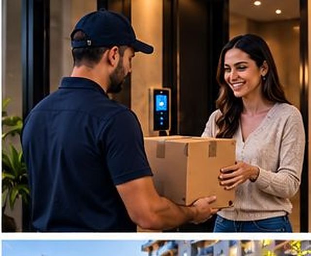 Moradora recebendo encomenda na portaria do condomínio