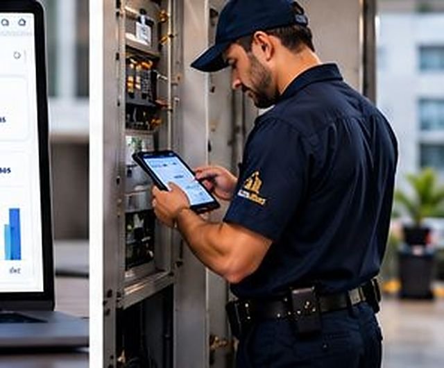 Técnico de manutenção registrando serviço no tablet